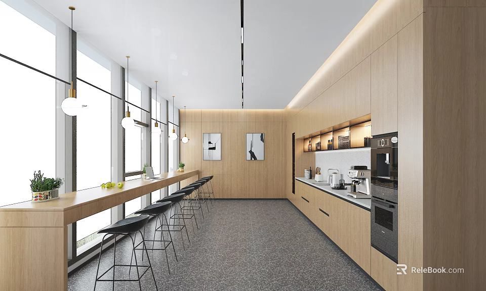 Modern Break Room With Large Windows Natural Light Wooden Walls And Black Bar Stools 3d model 