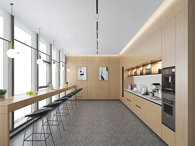 Modern Break Room With Large Windows Natural Light Wooden Walls And Black Bar Stools 3d model