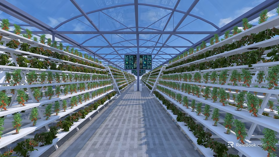Greenhouse Interior With Vertical Plant Racks And Lush Growing Vegetables Under Transparent Roof 3d model 
