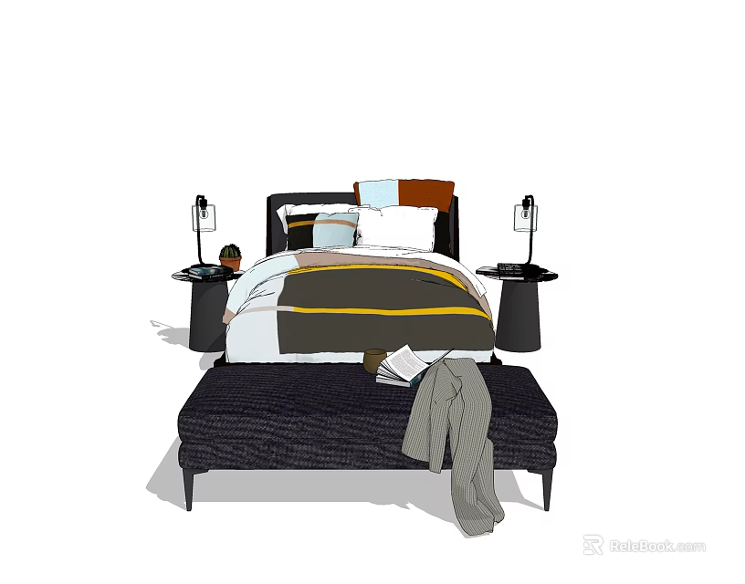 Double Bed with Colorful Cushions Bed Bench Nightstands and Table Lamp with Coat 3d model 