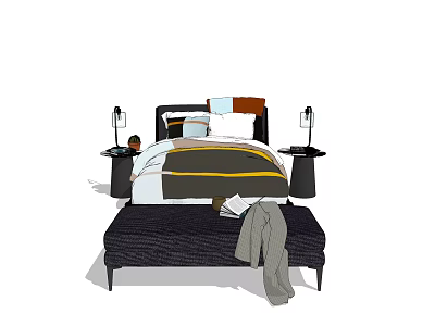 Double Bed with Colorful Cushions Bed Bench Nightstands and Table Lamp with Coat 3d model