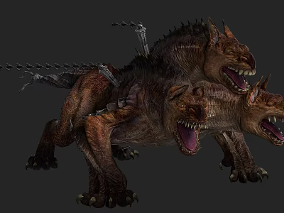 Three Headed Fierce Monster With Sharp Teeth And Rough Skin As Game Movie Character 3d model