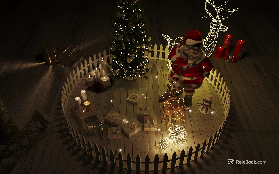 Christmas Decorative Ornament Set With Tree Santa Gift Boxes Candles Fairy Lights And Picket Fence 3d model 