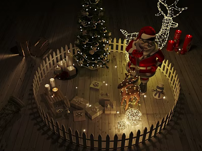 Christmas Decorative Ornament Set With Tree Santa Gift Boxes Candles Fairy Lights And Picket Fence 3d model