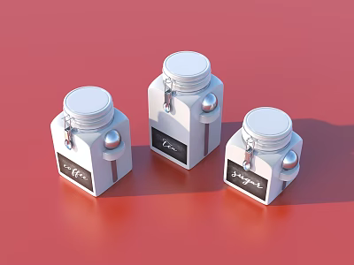 White Storage Jars For Coffee Cocoa And Sugar On Red Background 3d model