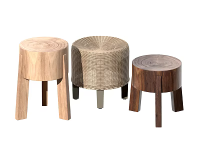 Three Round Wooden Stools with Woven Rattan Seat and Light Dark Wood Tones 3d model