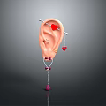 Stylish Ear Jewelry Including Red Heart Pendants And Pink Gemstone Decorations On Ear Model