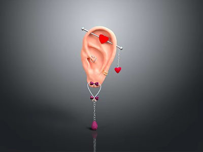 Stylish Ear Jewelry Including Red Heart Pendants And Pink Gemstone Decorations On Ear Model 3d model
