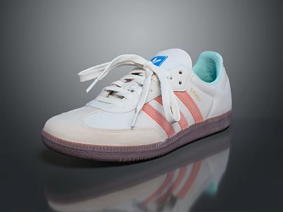 White Sports Shoes With Orange Stripes White Laces Blue Tongue Logo And Purple Sole 3d model