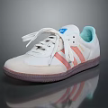 White Sports Shoes With Orange Stripes White Laces Blue Tongue Logo And Purple Sole
