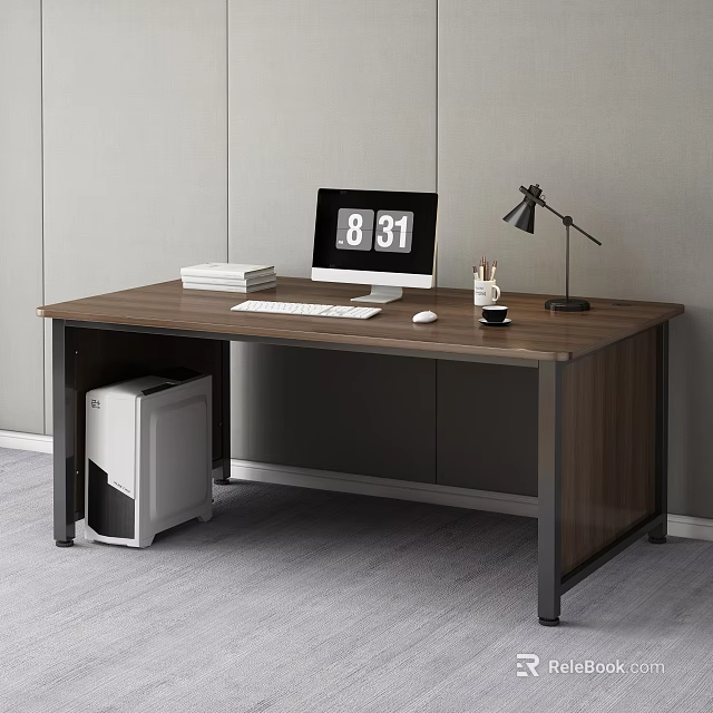 Modern Wooden Office Desk With Computer Monitor Keyboard Mouse Desk Lamp Books And Tower 3d model 