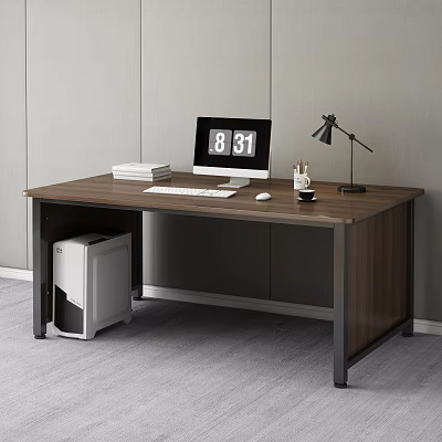 Modern Wooden Office Desk With Computer Monitor Keyboard Mouse Desk Lamp Books And Tower 3d model