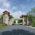 Traditional Entrance Gate With Wooden Roof Tree Lined Driveway And Landscaped Greenery