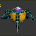 Futuristic Sci Fi Device With Orange Spherical Body Purple Glowing Top And Blue Side Thrusters