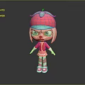 Cute Children's Doll With Strawberry Hat Pink Outfit And Striped Pants