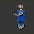 Blue Robot Character Featuring Red Eyes Metal Arms And Rolling Wheels