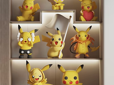 Adorable Pikachu Plush Dolls Displayed on Shelves with Various Poses and Styles 3d model