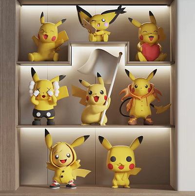 Adorable Pikachu Plush Dolls Displayed on Shelves with Various Poses and Styles 3d model