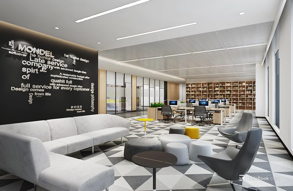 Modern Public Office Space With Inspirational Wall Quotes Sofa Grey Chairs Bookshelves And Computers 3d model 