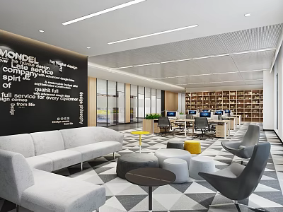 Modern Public Office Space With Inspirational Wall Quotes Sofa Grey Chairs Bookshelves And Computers 3d model