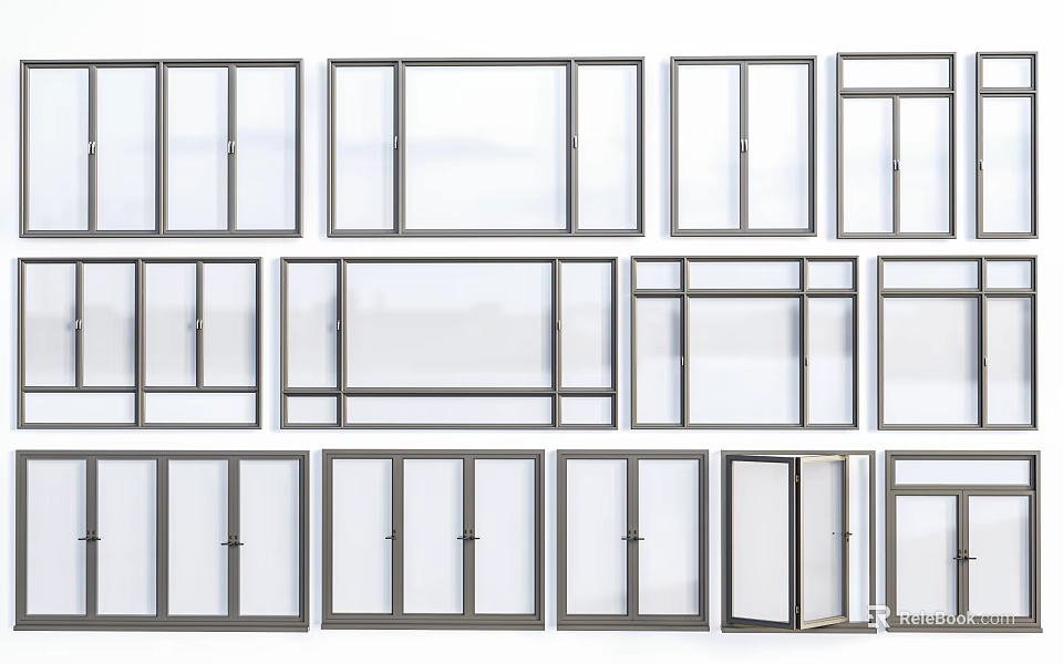 Various Modern Window Designs With Different Frame Styles And Sizes 3d model