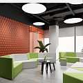 Modern Lounge Area with Orange Wall Green White Sofas Round Lights and Indoor Plants 3d model