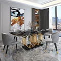 Elegant Restaurant Interior Design With Black Dining Table Gold Accents Gray Chairs And City View