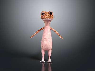3D Cartoon Reptile Lizard With Big Eyes Pink Body Spotted Limbs On Gray Shiny Background 3d model