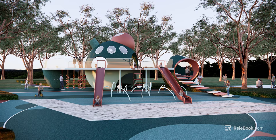 Fun Kids Playground With Bird Shaped Structure Slides Trees And Colored Pavement 3d model