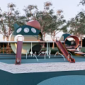 Fun Kids Playground With Bird Shaped Structure Slides Trees And Colored Pavement 3d model