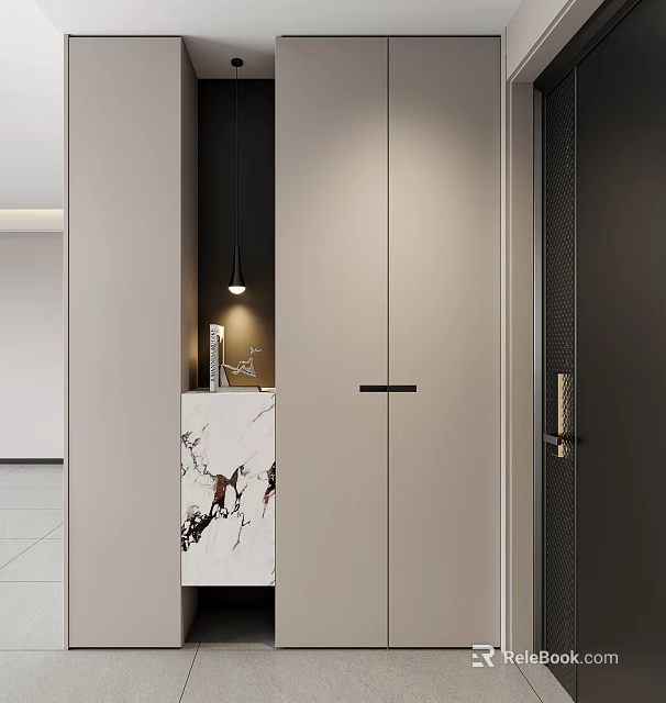 Modern Elegant Entryway Shoe Cabinet with Marble Countertop Black Door Handles and Minimalist Design 3d model 