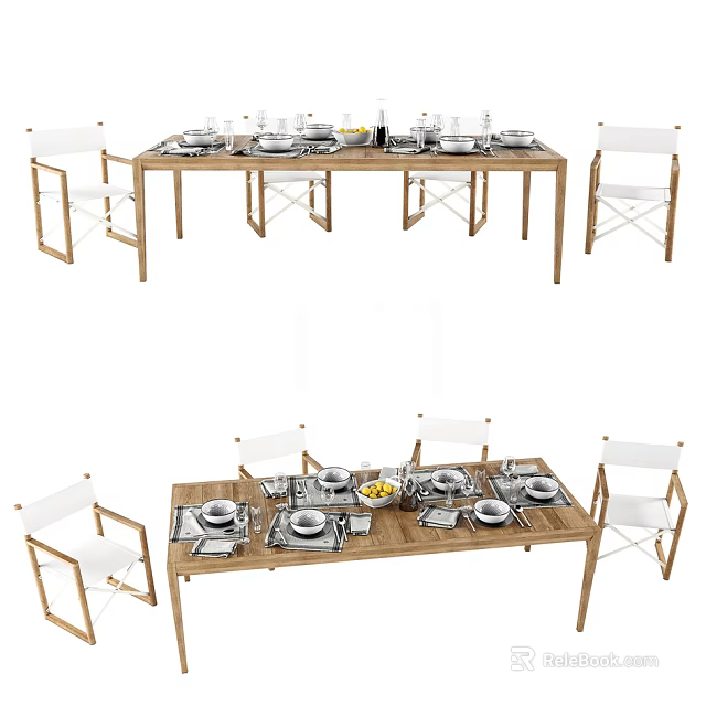 Elegant Wooden Dining Table Set With White Chairs And Tableware Fruits 3d model 