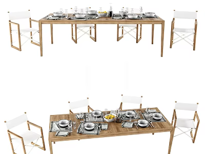 Elegant Wooden Dining Table Set With White Chairs And Tableware Fruits 3d model