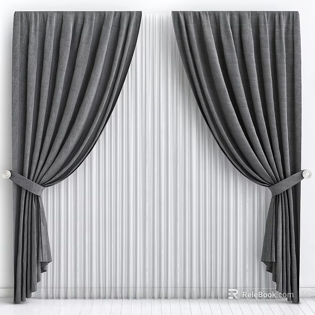 Gray Draped Curtains With Tied Details On White Vertical Stripe Wall 3d model 