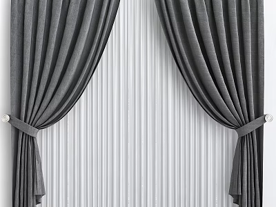 Gray Draped Curtains With Tied Details On White Vertical Stripe Wall 3d model