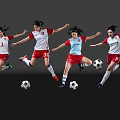 Women Soccer Players Jumping In Red White Jerseys With Soccer Balls On Black Background