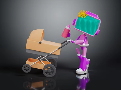 Purple Robot With Green Screen Head Pushing Orange Baby Stroller And Red Bottle 3d model