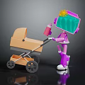 Purple Robot With Green Screen Head Pushing Orange Baby Stroller And Red Bottle