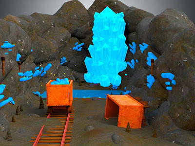 Cartoon Mine Scene With Glowing Blue Crystals Orange Mine Carts And Rail Tracks 3d model