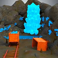 Cartoon Mine Scene With Glowing Blue Crystals Orange Mine Carts And Rail Tracks