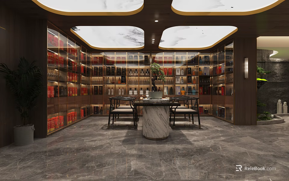 Luxurious Wine Cellar Interior With Wooden Racks And Marble Table Storage Design 3d model 