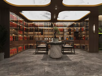 Luxurious Wine Cellar Interior With Wooden Racks And Marble Table Storage Design 3d model