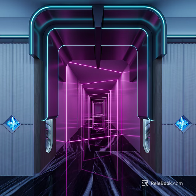 Hi Tech KTV Corridor With Neon Lights And Mirror Floor 3d model 