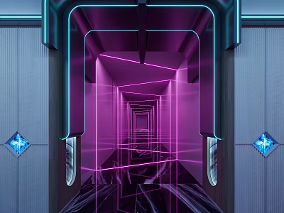 Hi Tech KTV Corridor With Neon Lights And Mirror Floor 3d model