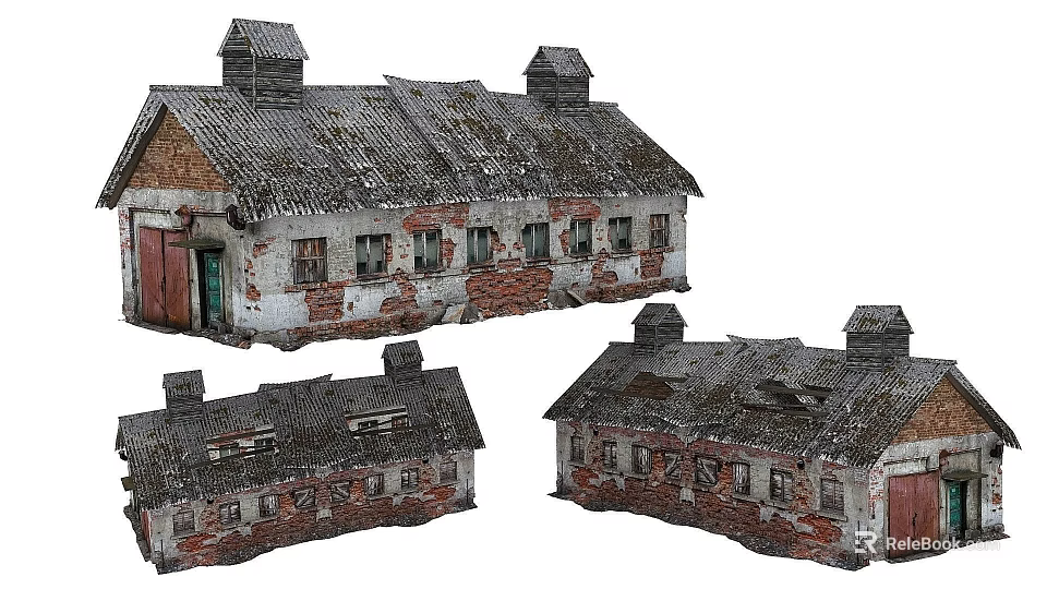 Old Industrial Factory Buildings Featuring Gray Roofs Red Brick Walls Red Doors And Peeling Paint 3d model 