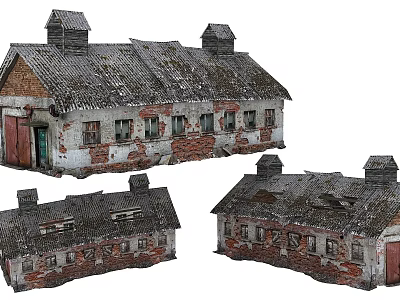 Old Industrial Factory Buildings Featuring Gray Roofs Red Brick Walls Red Doors And Peeling Paint 3d model