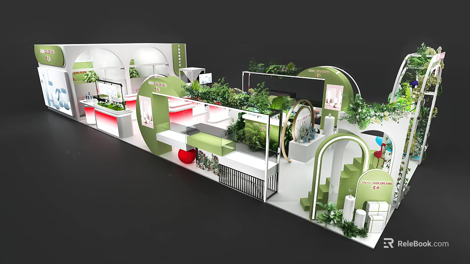 Fresh Greenery Decorated Modern Exhibition Booth Design For Cosmetic Brand Product Trade Show 3d model 