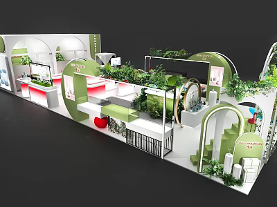 Fresh Greenery Decorated Modern Exhibition Booth Design For Cosmetic Brand Product Trade Show 3d model
