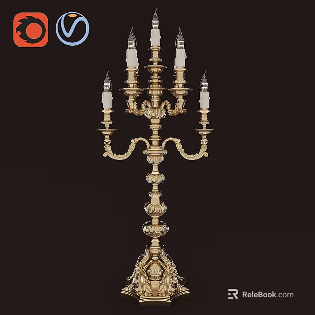 Vintage Golden Table Lamp With Ornate Carved Design And Multiple Candle Shaped Bulbs 3d model 