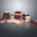 Vintage Books and Stacked Magazines with Open Pages and Various Colored Covers